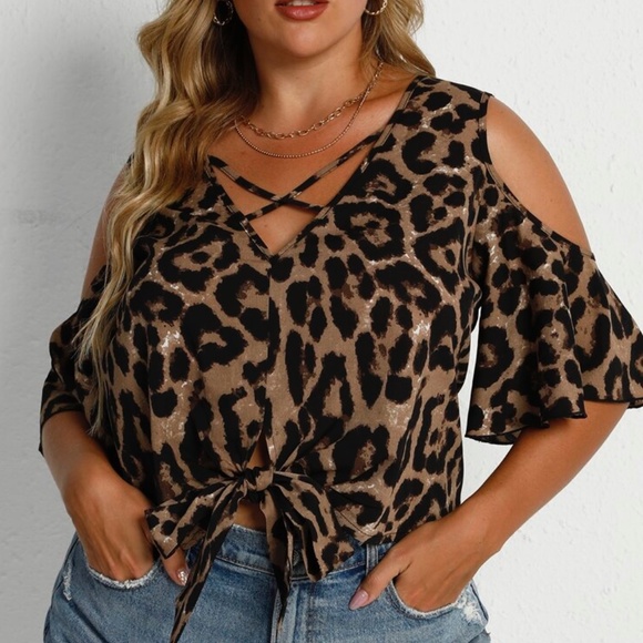 Bellanblue Tops - Boho Plus Camel Tan Leopard Front Cold Shoulder Top